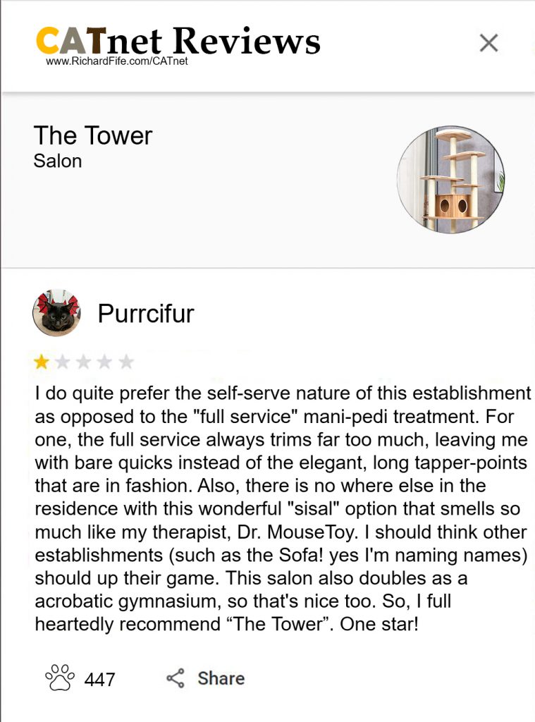 Purrcifur
The Tower
(Salon)
I do quite prefer the self-serve nature of this establishment as opposed to the "full service" mani-pedi treatment. For one, the full service always trims far too much, leaving me with bare quicks instead of the elegant, long tapper-points that are in fashion. Also, there is no where else in the residence with this wonderful "sisal" option that smells so much like my therapist, Dr. MouseToy. I should think other establishments (such as the Sofa! yes I'm naming names) should up their game. This salon also doubles as a acrobatic gymnasium, so that's nice too. So, I full heartedly recommend The Tower. One star!